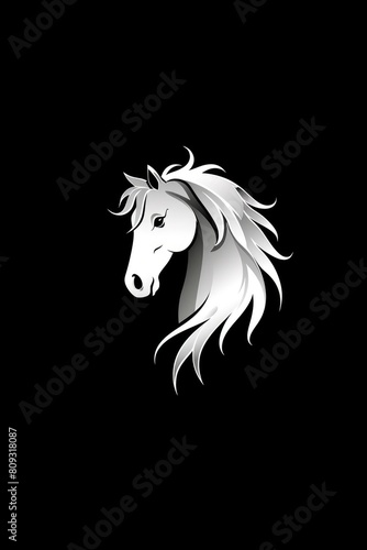 White horse head logo illustration on black background. Emblem  icon for company or sport team branding