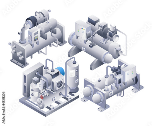 Industrial machine pipe tube water cooler infographic flat isometric 3d illustration