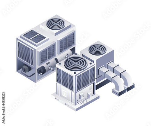 Industrial HVAC refrigeration equipment infographics flat isometric 3d illustration