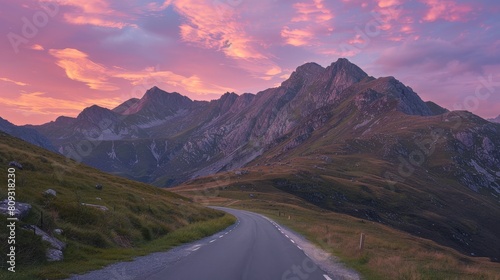 empty winding road by the mountains at sunset