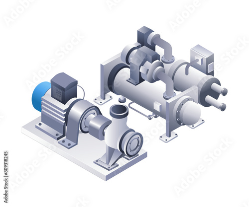Industrial cooler water pump pipe tube infographic flat isometric 3d illustration
