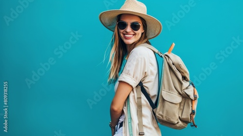 Happy young female tourist ...