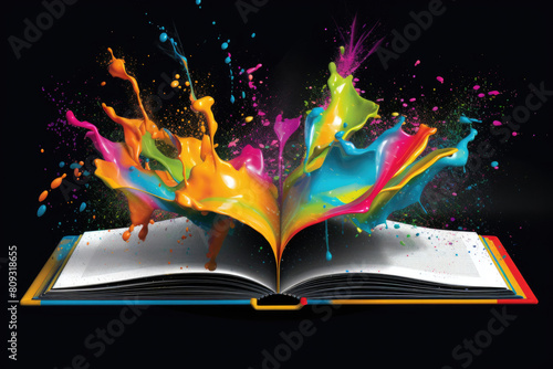 An open book releasing vibrant paint splashes in various colors, creating a dynamic and creative visual display photo