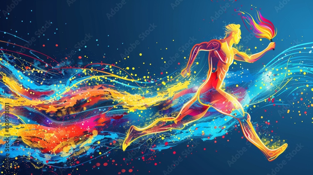 Athlete running with olympic flame, Olympic Games concept, colorful background, copy space, banner Athlete running with olympic flame, Olympic Games concept, colorful background, copy space, banner