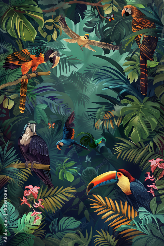 Diverse Tropical Birds in Lush Rainforest Canopy Diverse Tropical Birds in Lush Rainforest Canopy