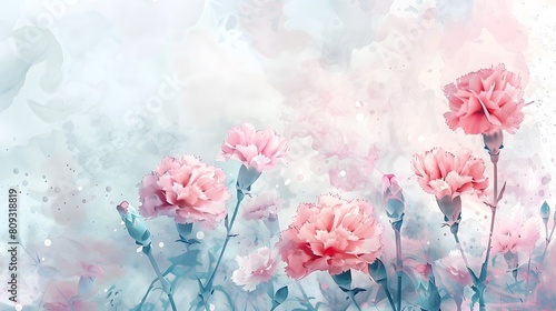 Pink carnation flowers on a watercolor background  copy space. 