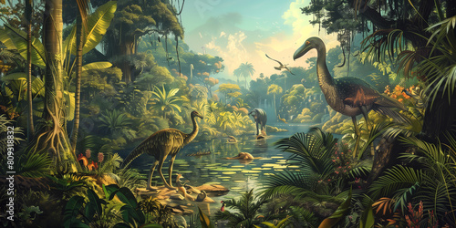 Enchanting Prehistoric Jungle Scene with Dinosaurs by Water photo