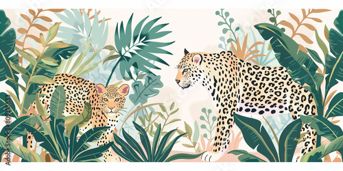 Stylized Leopards in a Lush Tropical Jungle Illustration photo