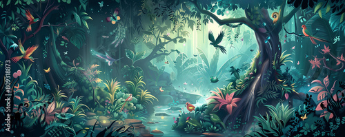 Mystical Rainforest Oasis with Vibrant Wildlife and Flora