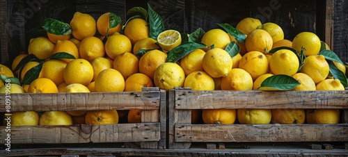 A wooden crate filled with freshly Lemon from a fall garden photography. Fresh Lemons photography in a wooden crate horizontal banner poster