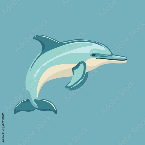 Illustration of a playful dolphin on a turquoise background.