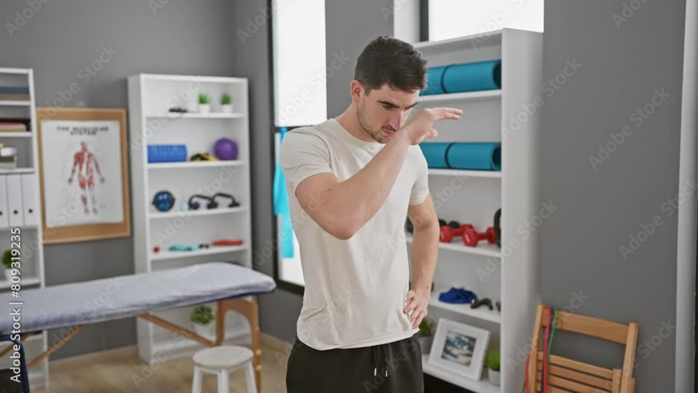 A young hispanic man stands thoughtfully in a rehab clinic room with exercise equipment, portraying wellness and recovery. A young hispanic man stands thoughtfully in a rehab clinic room with exercise equipment, portraying wellness and recovery.