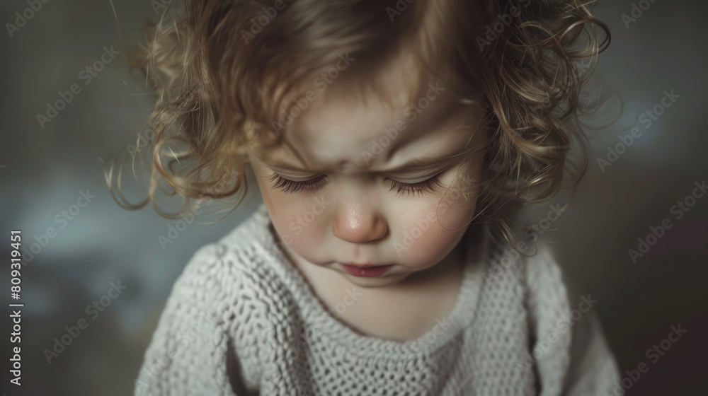 Toddler girl weeping quietly with head bowed Toddler girl weeping quietly with head bowed