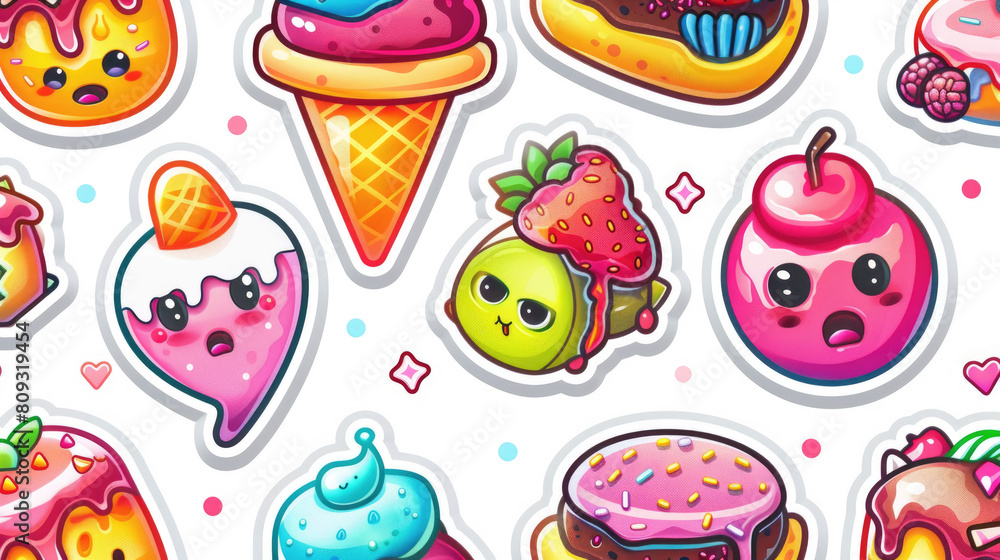 Various colorful stickers are arranged in a bunch on a plain white surface, creating a vibrant and eye-catching display Various colorful stickers are arranged in a bunch on a plain white surface, creating a vibrant and eye-catching display