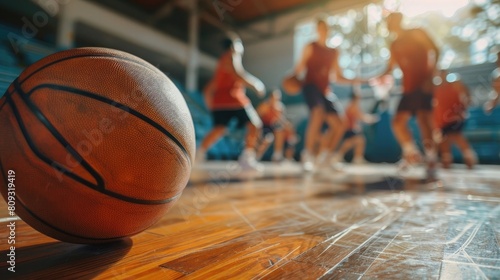Basketball Training Game Background, Basketball on Wooden Court Floor Close Up with Blurred Players Playing Basketball Game in the Background