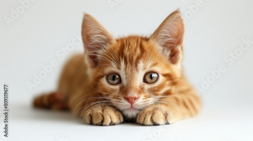 Adorable playful red kitten with funny expression in close-up on pure white background, pet concept, banner © Anzhela