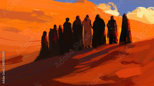 A painting depicting a group of people standing in the barren desert landscape