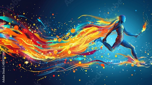 Athlete running with Olympic Flame, fire colorful abstract background, sports competition concept, banner, copy space