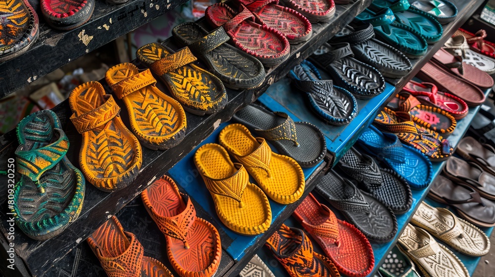Traditional sandals crafted from car tire rubber, displayed at a high angle at a flea market in Jakarta, Indonesia, capturing a unique aspect of local craftsmanship