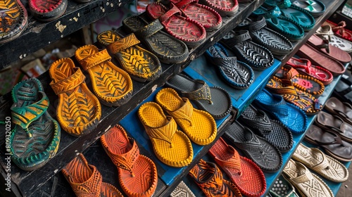 Traditional sandals crafted from car tire rubber, displayed at a high angle at a flea market in Jakarta, Indonesia, capturing a unique aspect of local craftsmanship