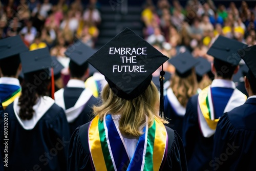 A group of a graduation cap with the words embrace the future, AI