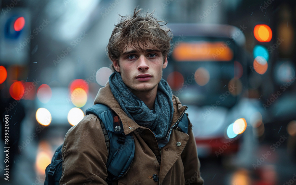 A young man standing under rain in the outdoors A young man standing under rain in the outdoors