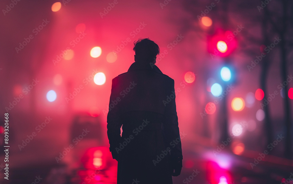 A man standing motionless in the center of a deserted street at night, surrounded by urban buildings and glowing streetlights A man standing motionless in the center of a deserted street at night, surrounded by urban buildings and glowing streetlights