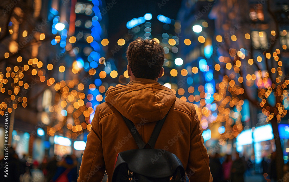 A person carrying a backpack walks down a city street, surrounded by buildings and pedestrians A person carrying a backpack walks down a city street, surrounded by buildings and pedestrians