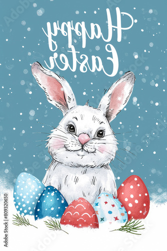 Easter poster with a Waster bunny and eggs,