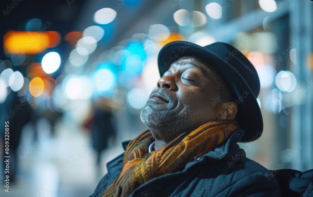 A man in a hat and scarf walking along a bustling city street, blending into the urban landscape A man in a hat and scarf walking along a bustling city street, blending into the urban landscape
