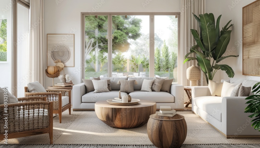 A cozy living room with ivory walls and grey furniture for a modern look. Wood accents in the tables add warmth. Large windows bring in sunlight and show a garden view. A cozy living room with ivory walls and grey furniture for a modern look. Wood accents in the tables add warmth. Large windows bring in sunlight and show a garden view.