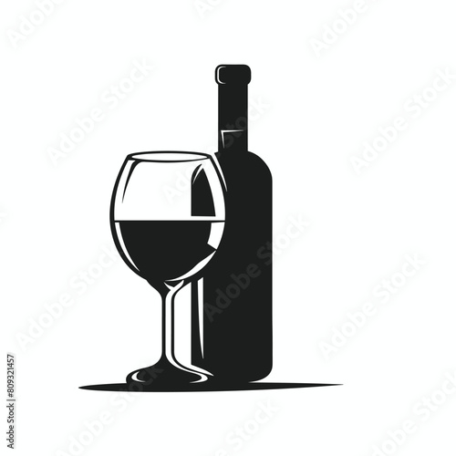 Silhouette of a wine bottle and glass in black and white.