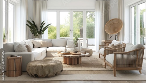 A living room with soft ivory walls, grey furniture for a modern touch, and natural wood accents in tables and decor. Large windows fill the space with natural light, offering a view of a lush garden.