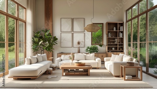 A living room with soft ivory walls and grey furniture, creating a modern vibe. Natural wood accents in the tables add warmth. Large windows fill the space with sunlight and offer a garden view.