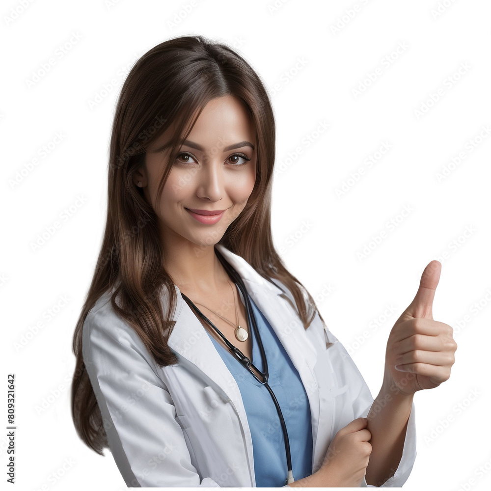 Doctor girl showing thumbs up, OK gesture. Studio photo with no background. Not real, created by AI Doctor girl showing thumbs up, OK gesture. Studio photo with no background. Not real, created by AI