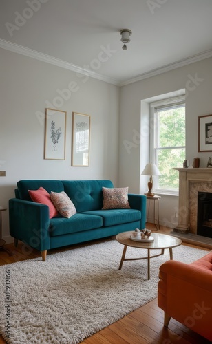 Tranquil Living Room with Plush Velvet Sofa