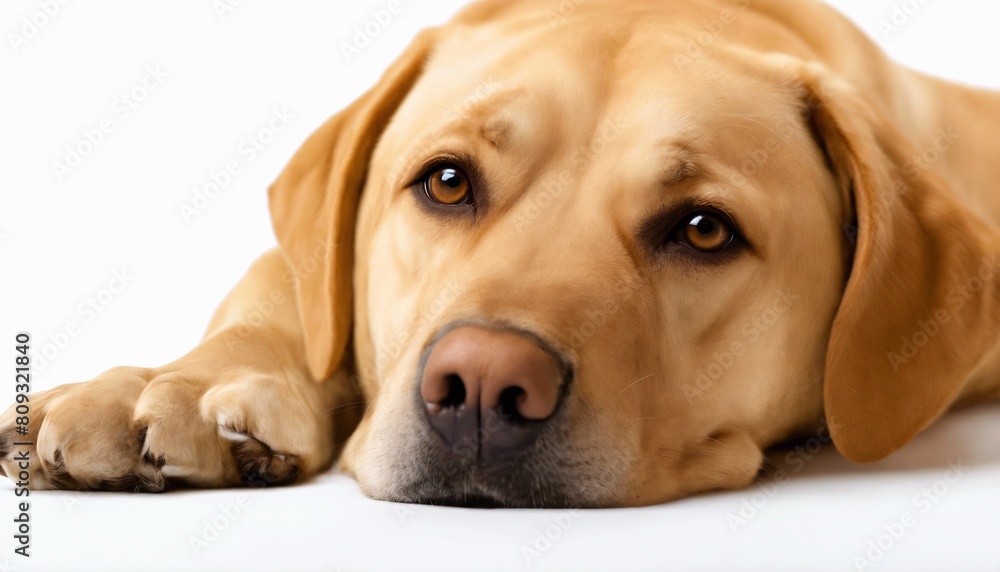 Close up Tan Labrador Dog Resting on White Background