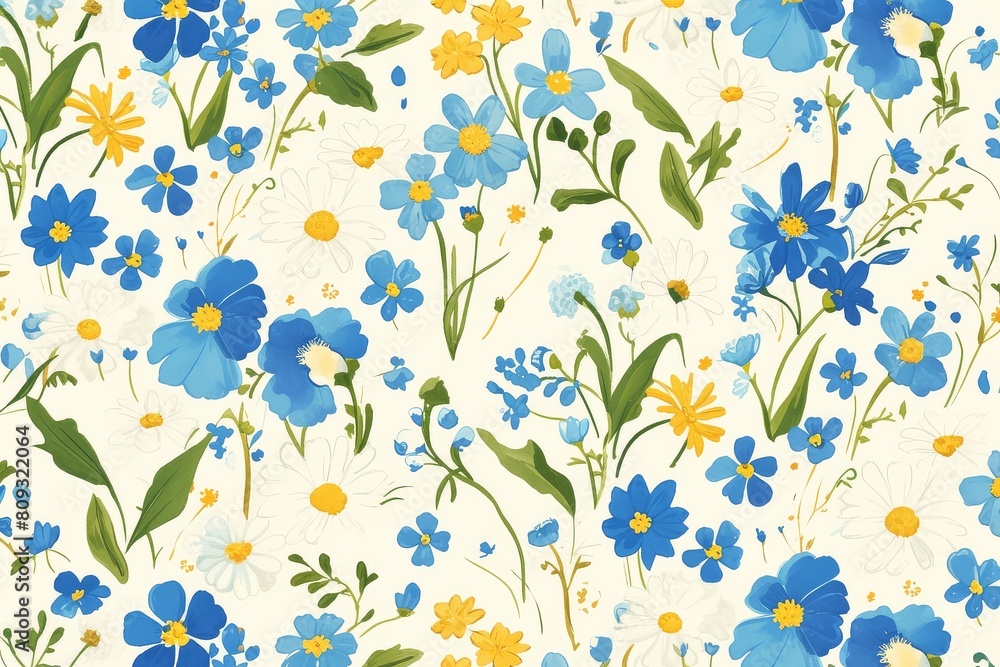 Obraz premium Delicate daisies and forget-me-nots creating a charming and whimsical seamless pattern