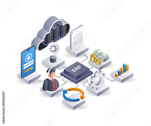 ERP network business technology system, infographic 3d illustration flat isometric