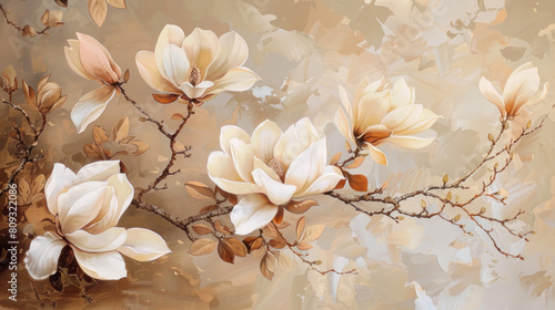 Beautiful white magnolia flower on beige decorative background as wallpaper illustration, Elegant White Flower	