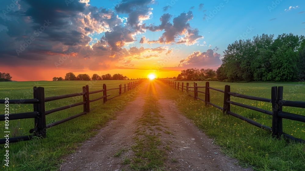 A dirt road leading to a field with the sun setting in front of it, AI