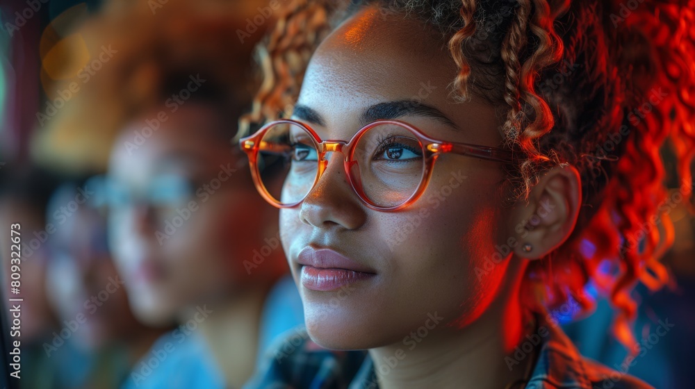 A woman with curly hair wearing glasses looking at something, AI A woman with curly hair wearing glasses looking at something, AI