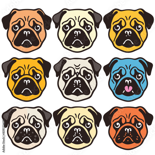 Nine cartoon pug faces expressing different emotions, colorful cute expressions illustration, pug has unique facial features colors, set against isolated white background. Artistic design