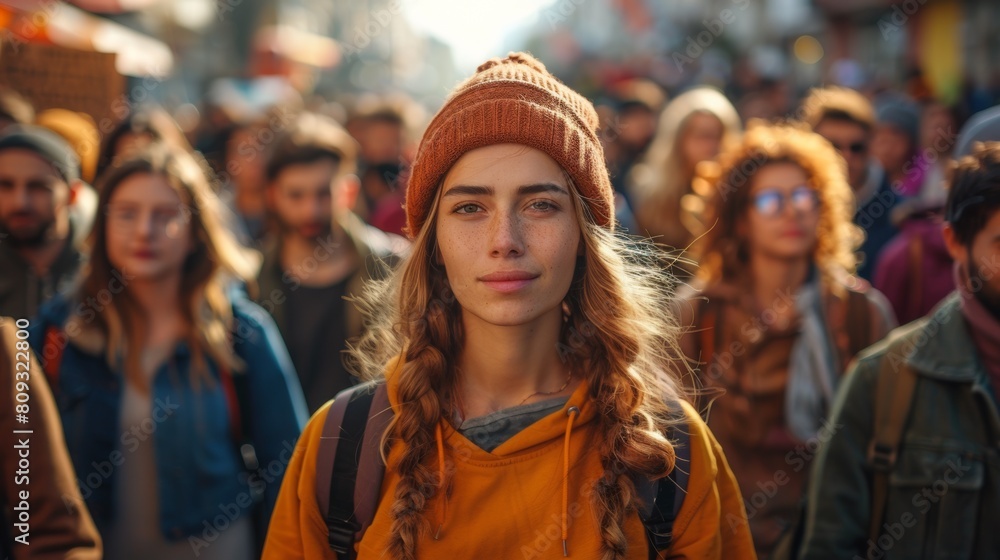 A woman with a beanie on in the middle of people, AI A woman with a beanie on in the middle of people, AI