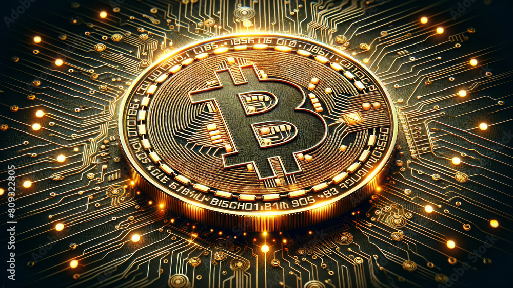 Blockchain Technology Represented by Golden Bitcoin