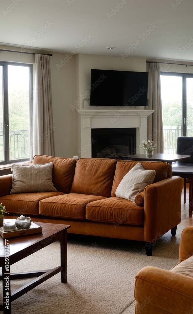 Tranquil Living Room with Plush Velvet Sofa Tranquil Living Room with Plush Velvet Sofa