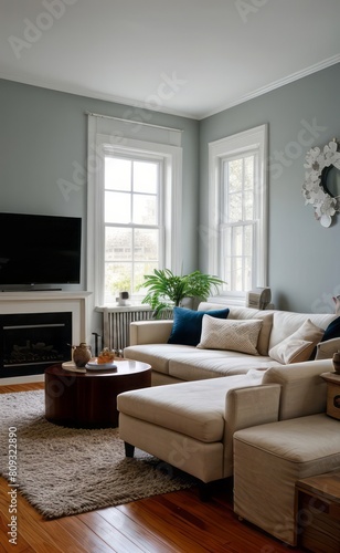 Tranquil Living Room with Plush Velvet Sofa