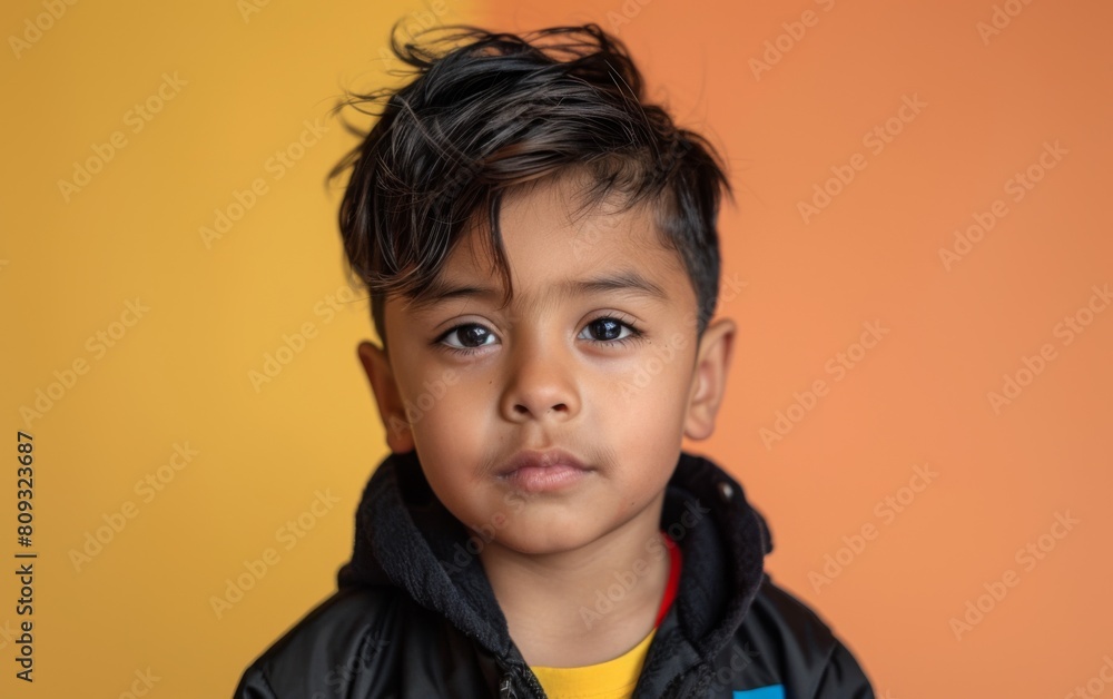 A little boy wearing a black jacket and a yellow shirt stands in the photo A little boy wearing a black jacket and a yellow shirt stands in the photo