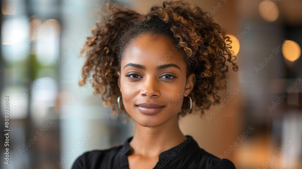 A woman with curly hair posing for a picture in front of windows, AI A woman with curly hair posing for a picture in front of windows, AI