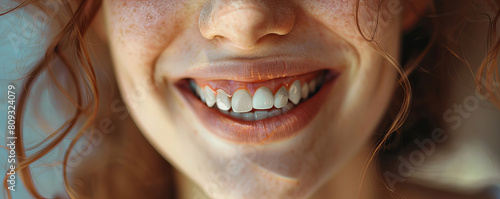 A detail of the white and healthy teeth young beutiful brunette woman . photo